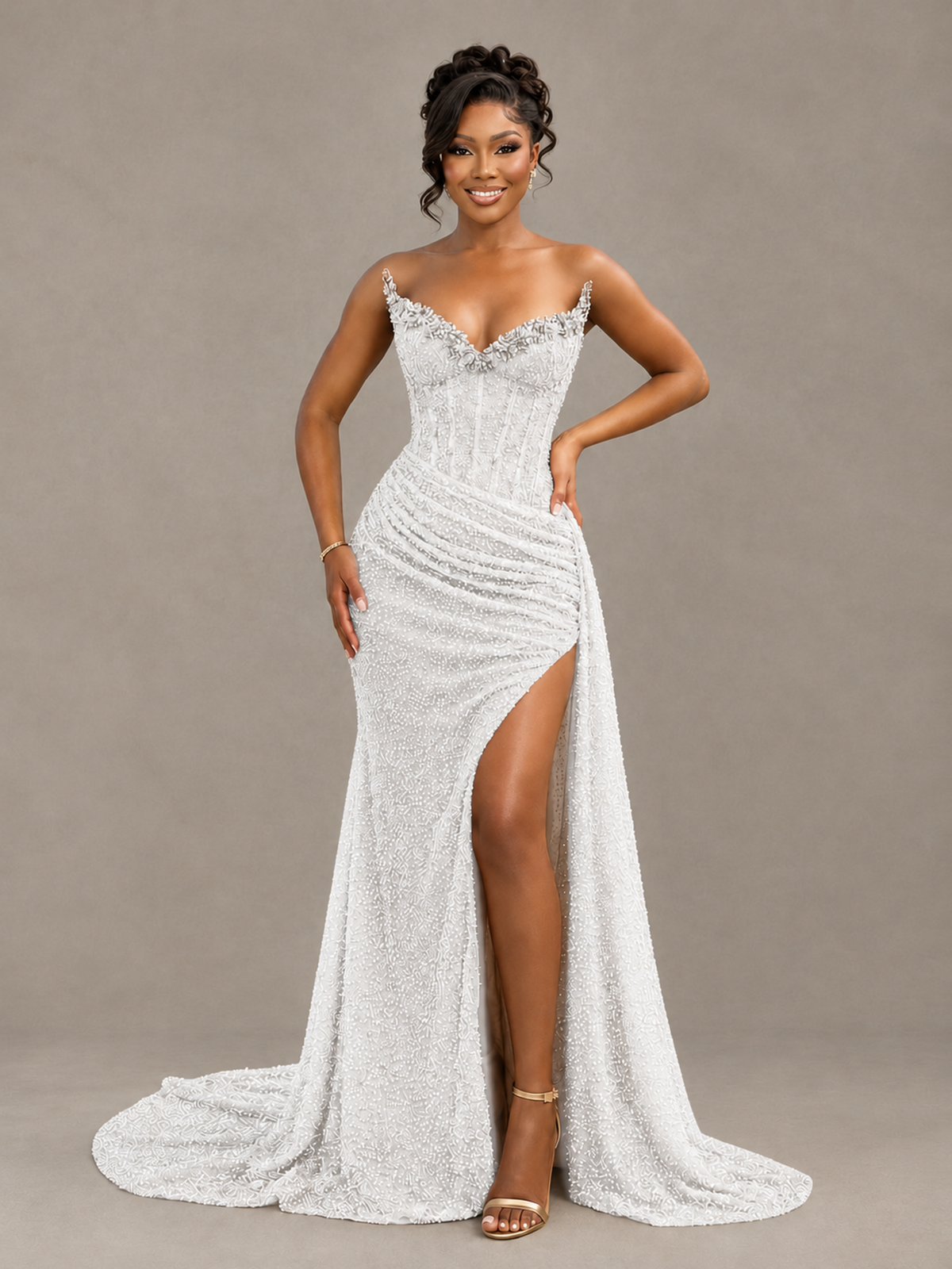 BOLODOO White Gold Corset Prom Dress with High Slit - White - White_1