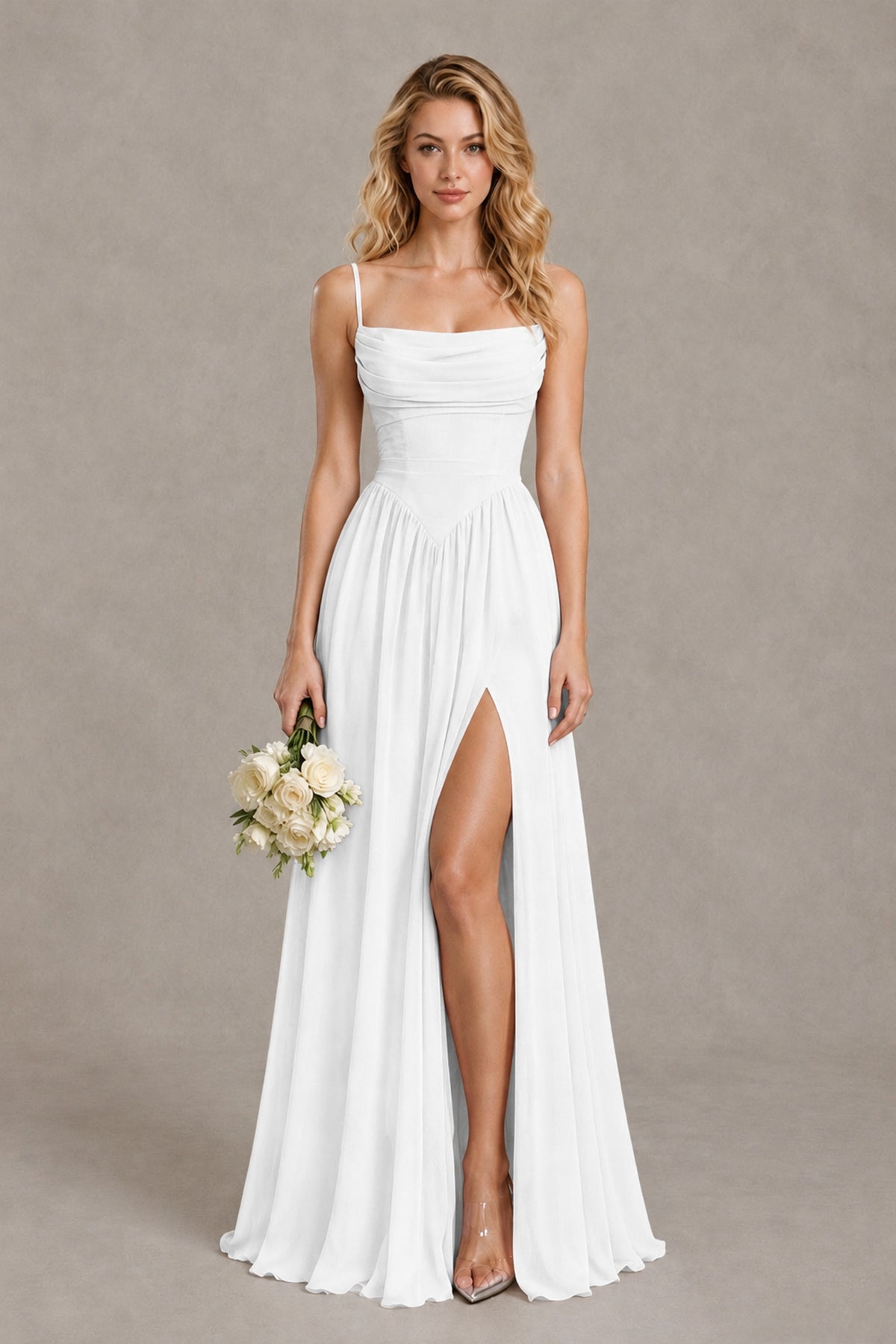 BOLODOO White Spaghetti Strap A-Line Bridesmaid Dress with Slit - White - White_1