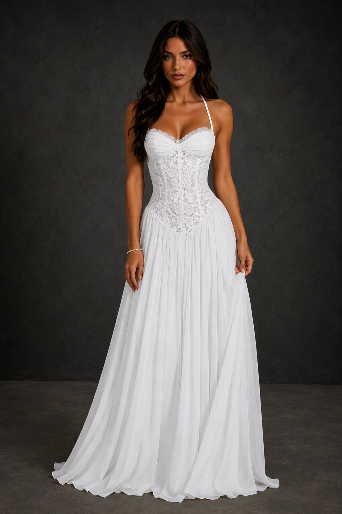 BOLODOO White Lace Corset Halter Maxi Gown – Backless A-Line Formal Dress - White