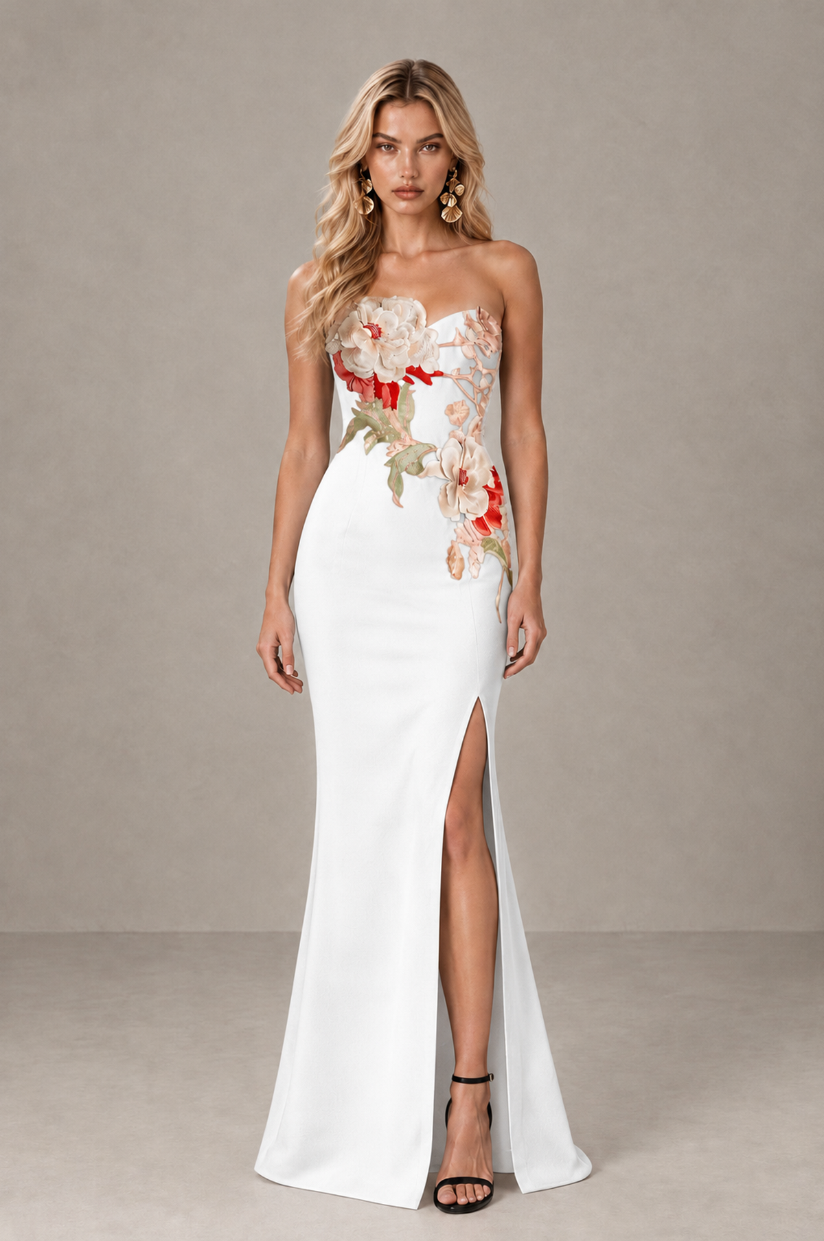 BOLODOO White Strapless Floral Mermaid Evening Dress with Slit - White - White_1