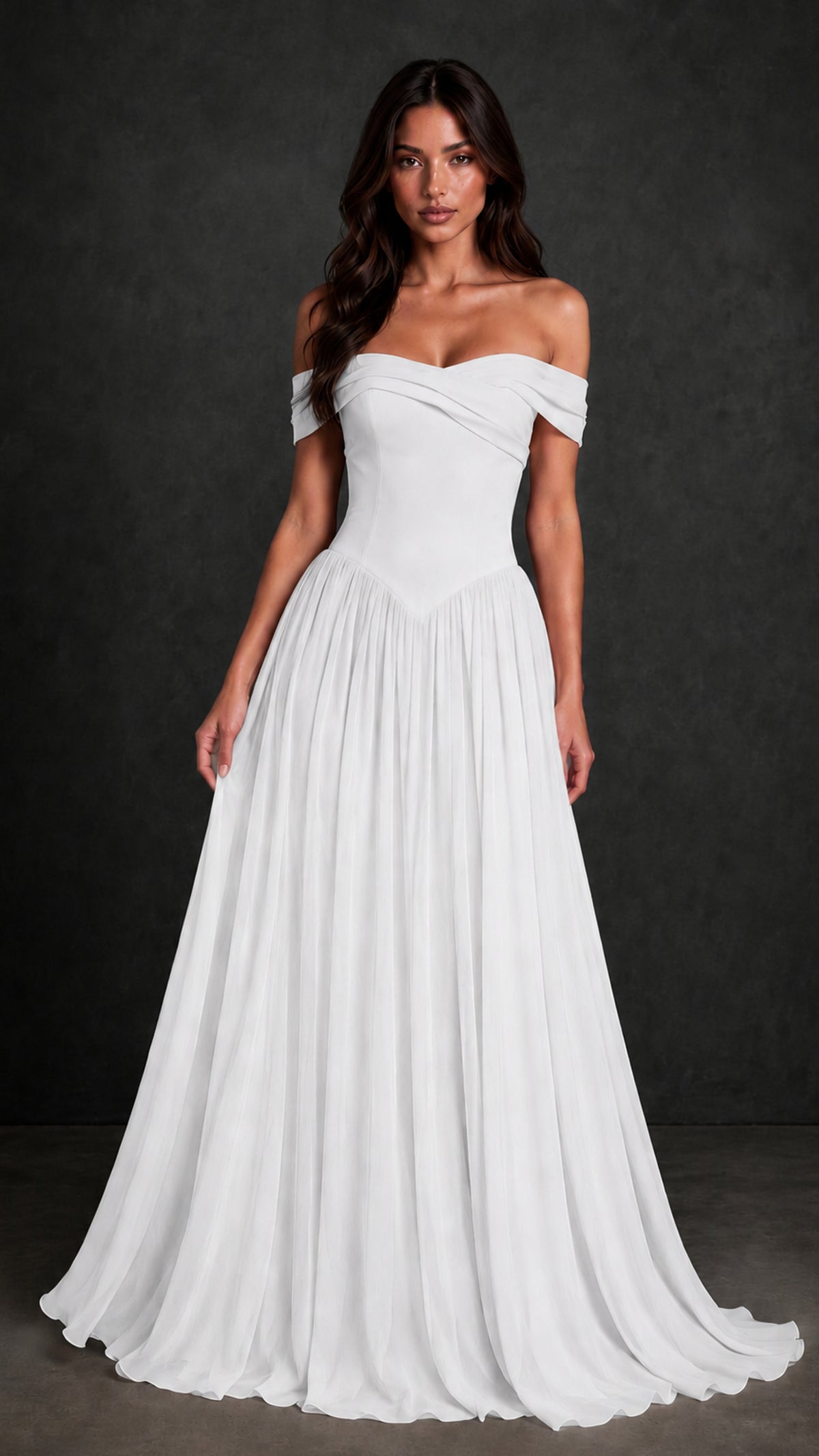 BOLODOO White Off-Shoulder Sweetheart Corset Pleated Chiffon Maxi Dress - White