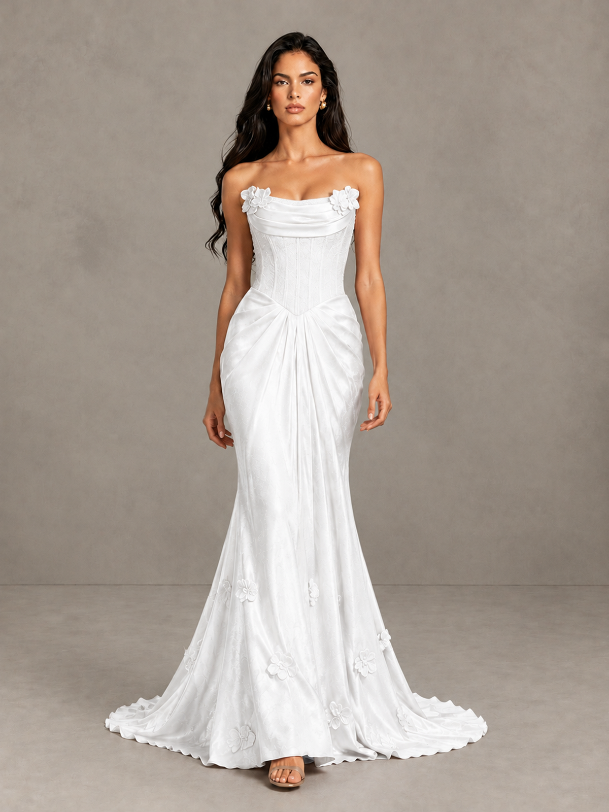 BOLODOO White Strapless Floral Corset Evening Gown with Train - White - White_1