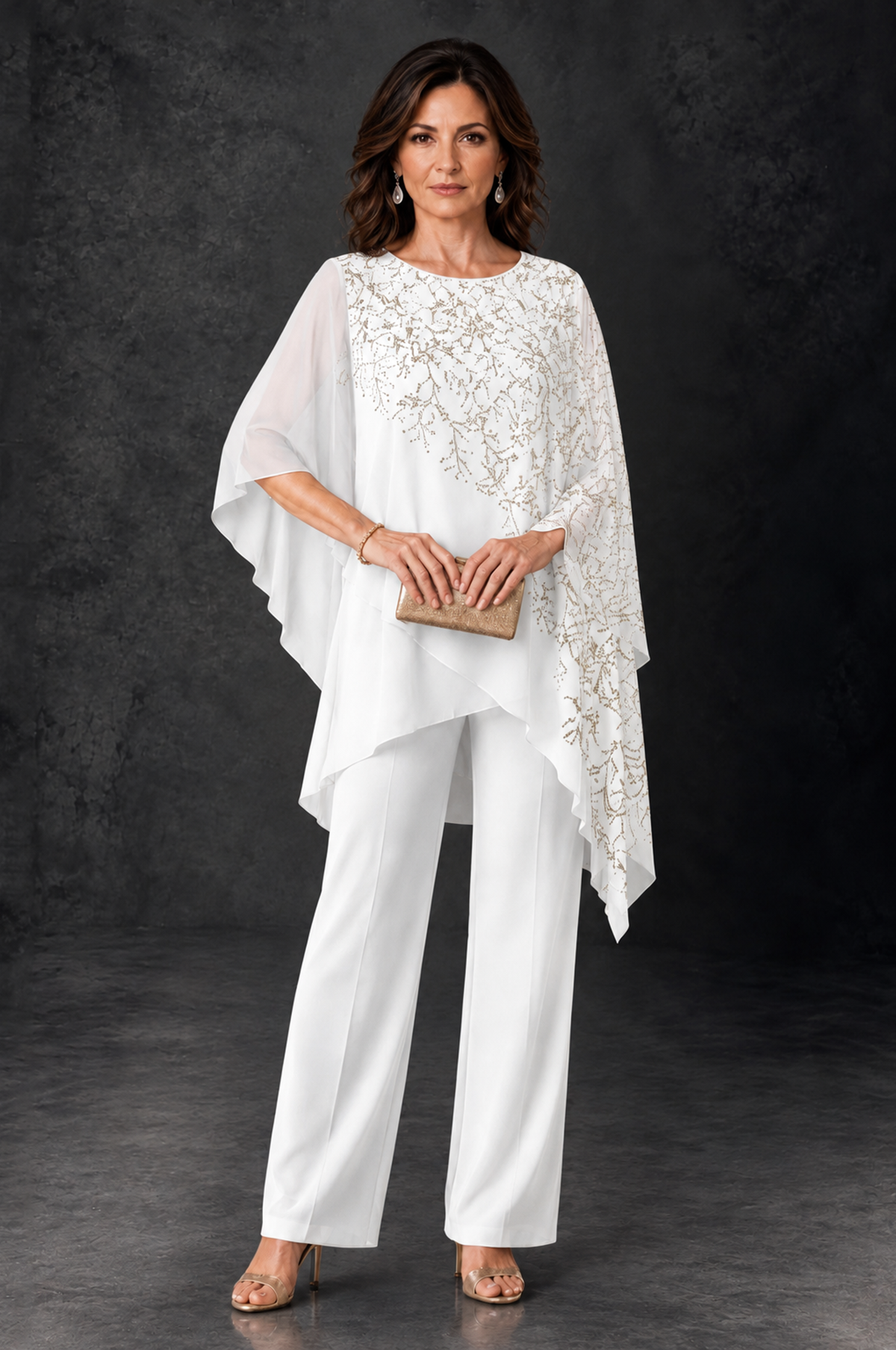 BOLODOO White Embellished Cape Pant Suit for Mother of the Bride - White - White_1