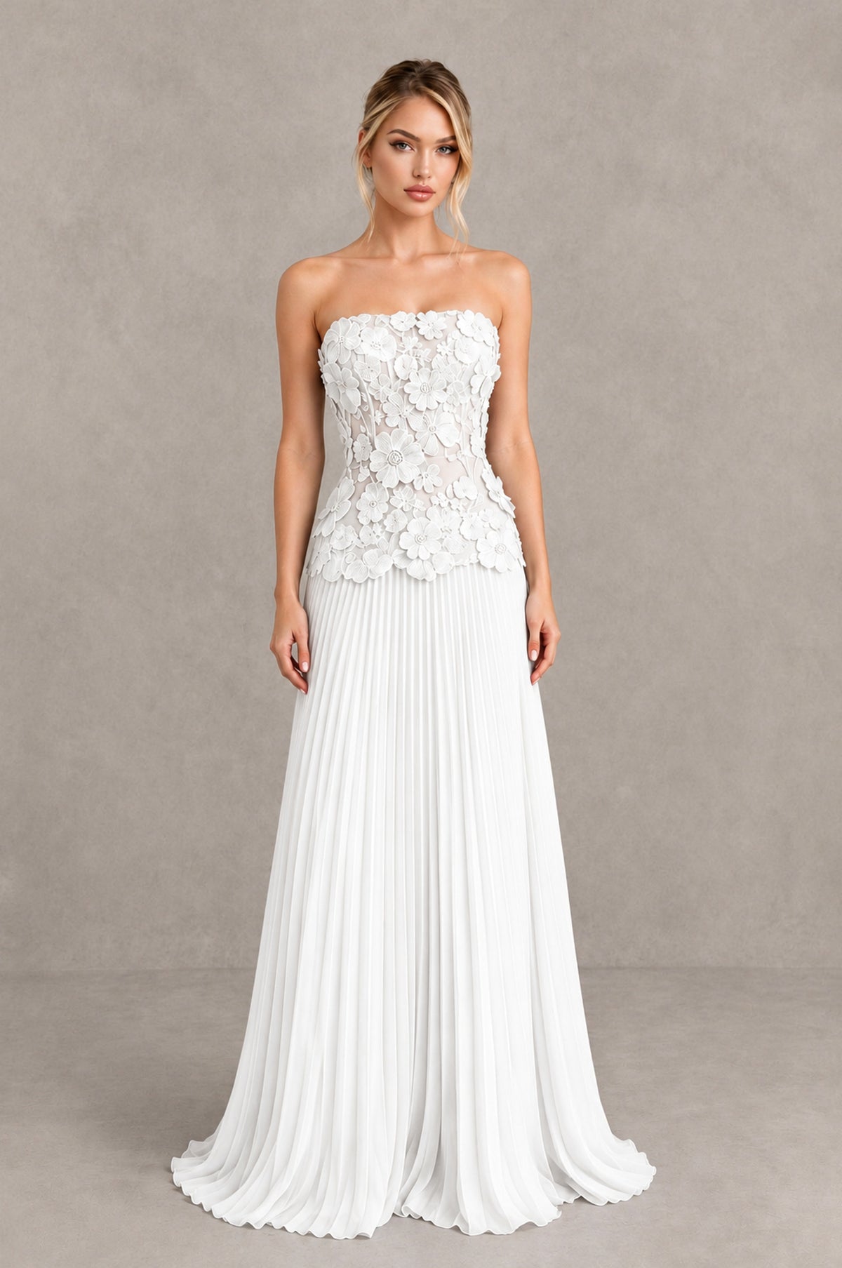 BOLODOO White Strapless Floral Applique Pleated Evening Dress - White - White_1