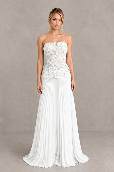 BOLODOO White Strapless Floral Applique Pleated Evening Dress - White - White_1
