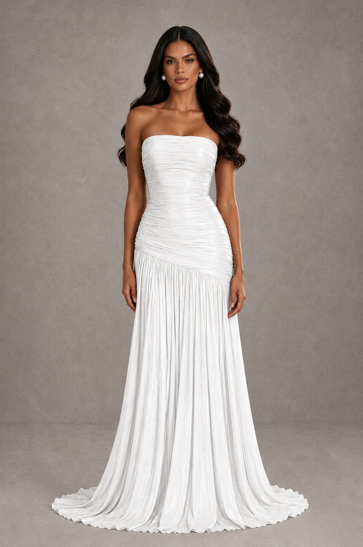 BOLODOO White Metallic Ruched Strapless Pleated A-Line Backless Maxi Dress with Train - White - White_1