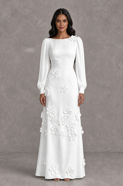 BOLODOO White Long Sleeve Floral Applique A-Line Evening Dress - White - White_1