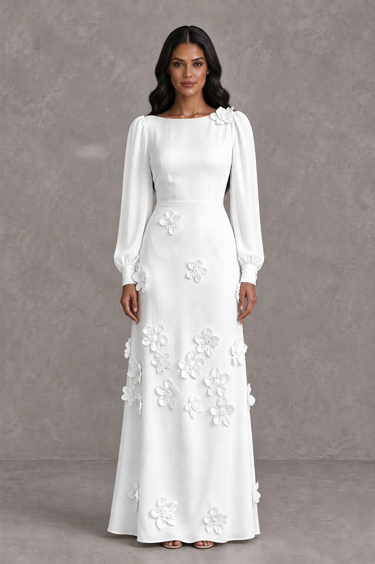BOLODOO White Long Sleeve Floral Applique A-Line Evening Dress - White - White_1