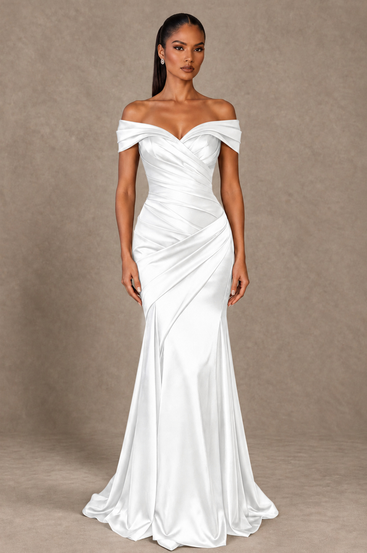 BOLODOO White Off-the-Shoulder Ruched Satin Mermaid Evening Dress - White - White_1