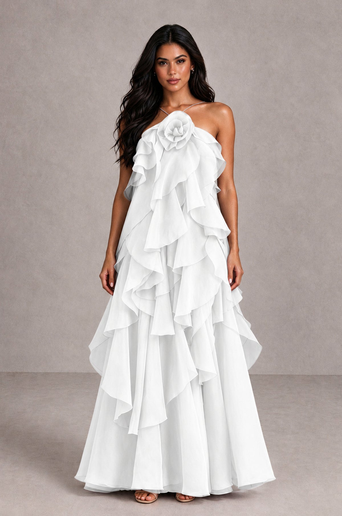 BOLODOO White Cascading Ruffle Rosette Open-Back Maxi Dress - White - White_1
