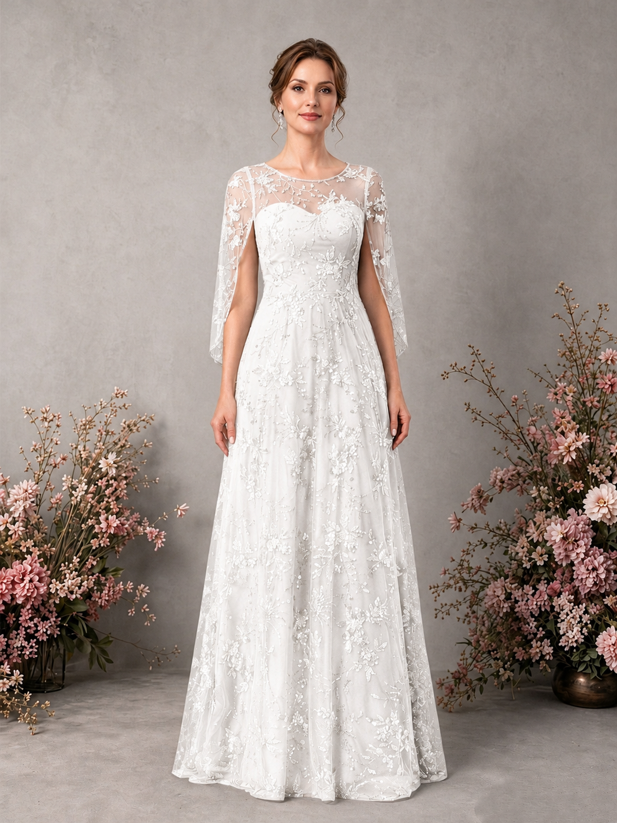 BOLODOO White Sequin Lace Cape Sleeve Formal Evening Gown - White - White_1