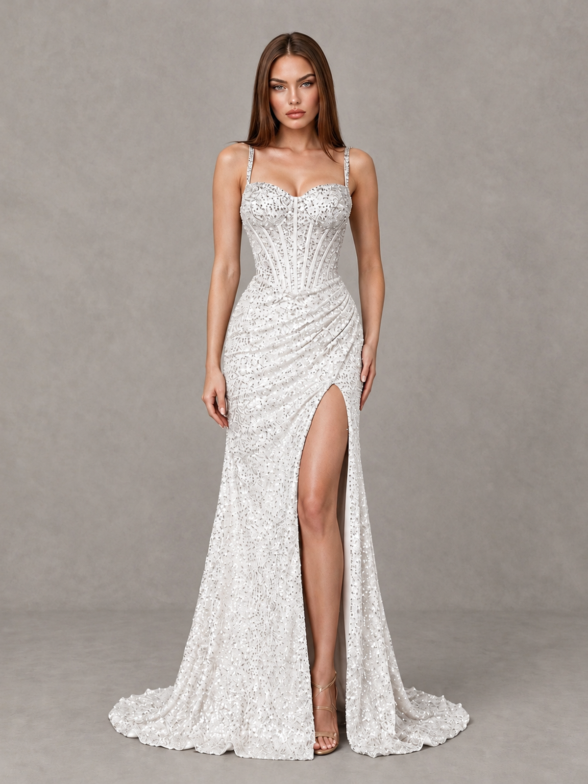 BOLODOO White Sequin Corset Evening Gown with High Slit - White - White_1