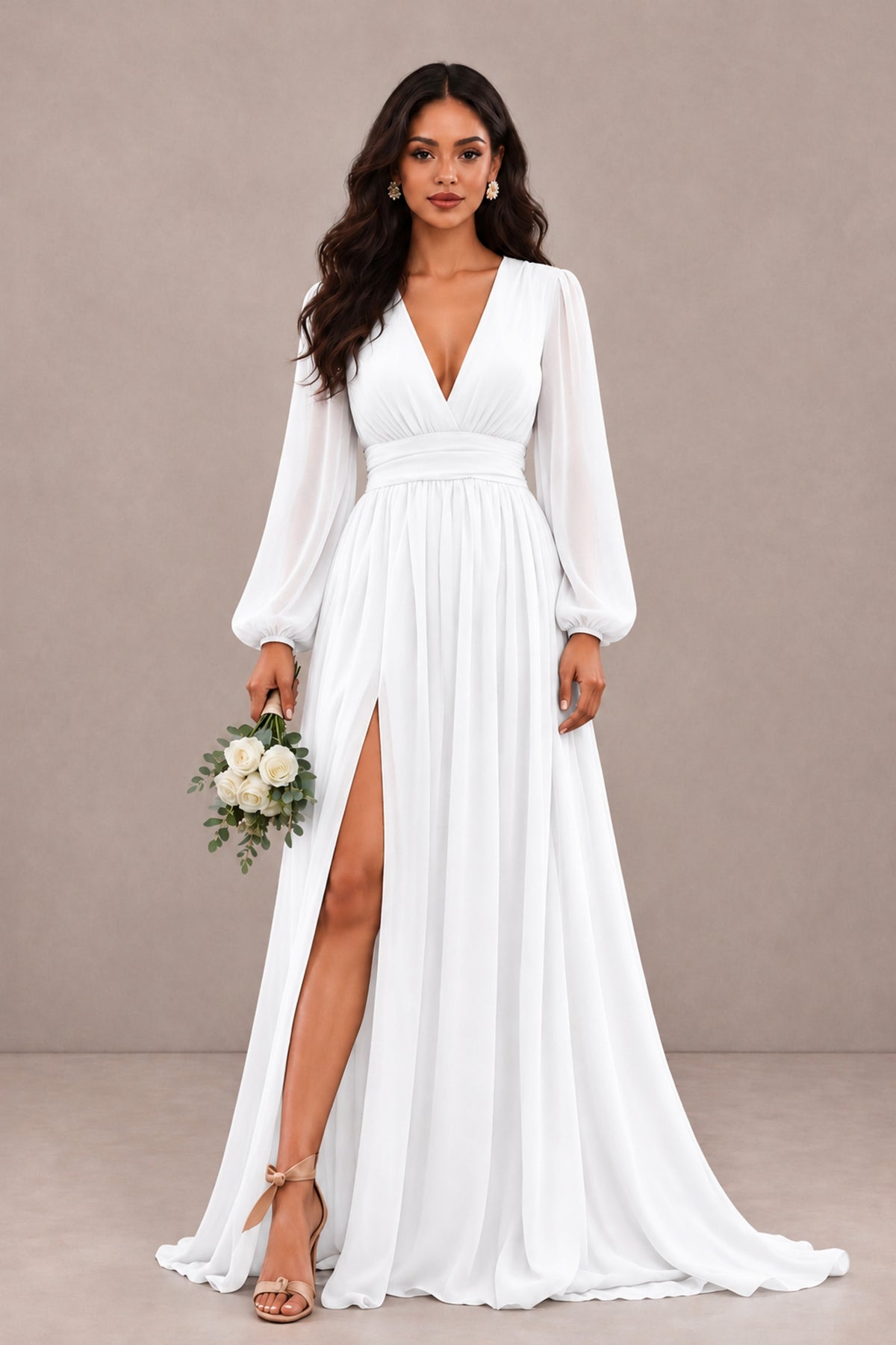 BOLODOO White Long Sleeve V-Neck A-Line Gown with Open Back & Slit - White - White_1
