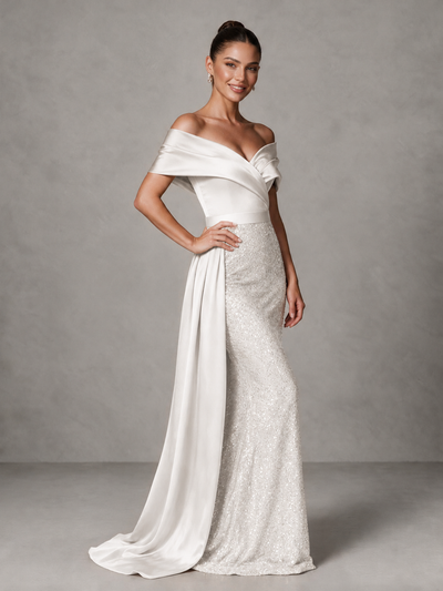 BOLODOO White Sequin Mermaid Evening Dress with Off-Shoulder Satin Drape and Sweep Train - White - White_1