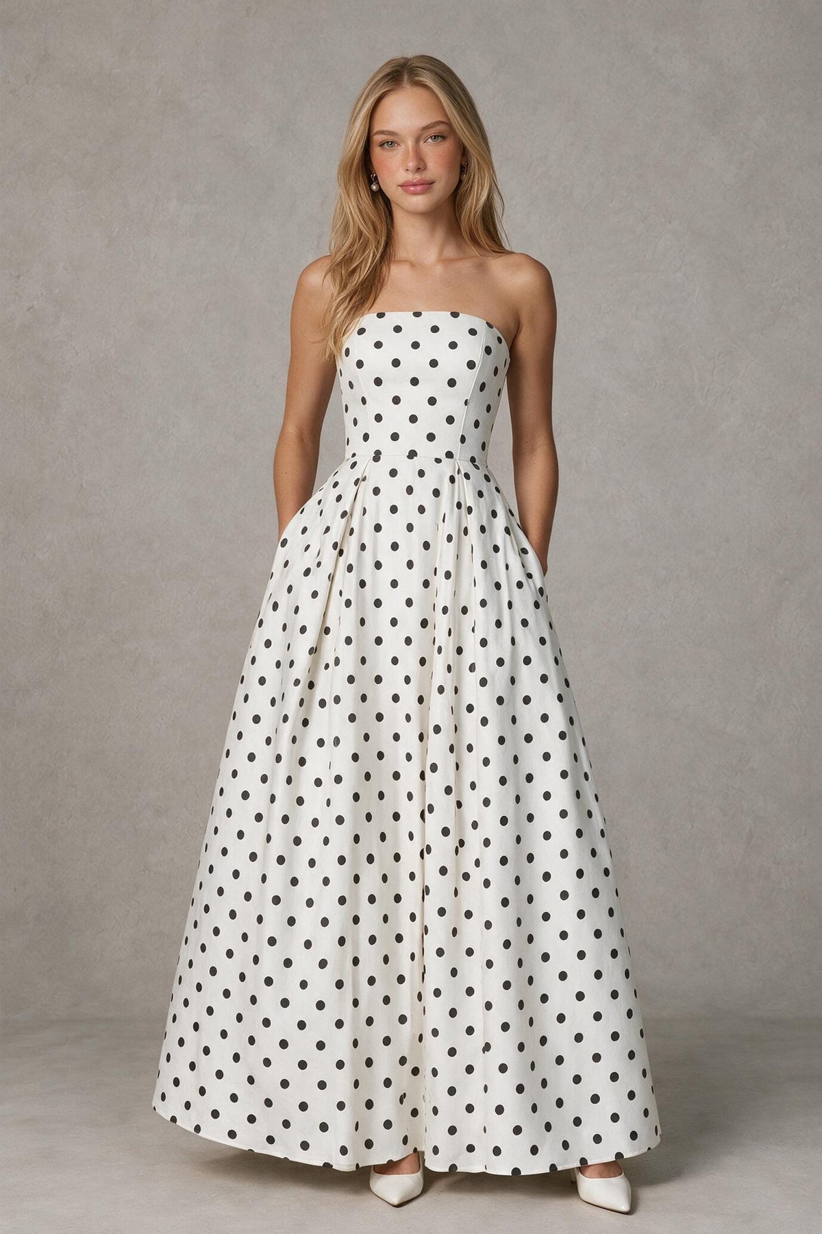 BOLODOO White Polka Dot Strapless Lace-Up Back A-Line Maxi Dress - White