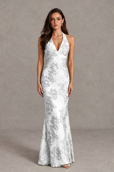 BOLODOO White Floral Jacquard Halter Maxi Dress - White - White(1)