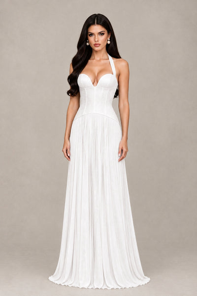BOLODOO White Halter Corset Pleated A-Line Evening Dress - White - White_1