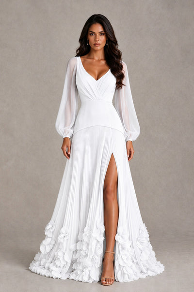 BOLODOO White V-Neck Long Sleeve Pleated Floral Hem Evening Dress - White - White_1