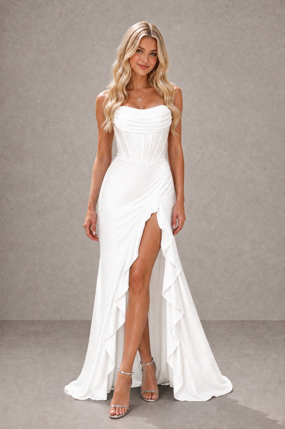 BOLODOO White Strapless Corset Mermaid Prom Dress with Ruffle Slit - White - White_1