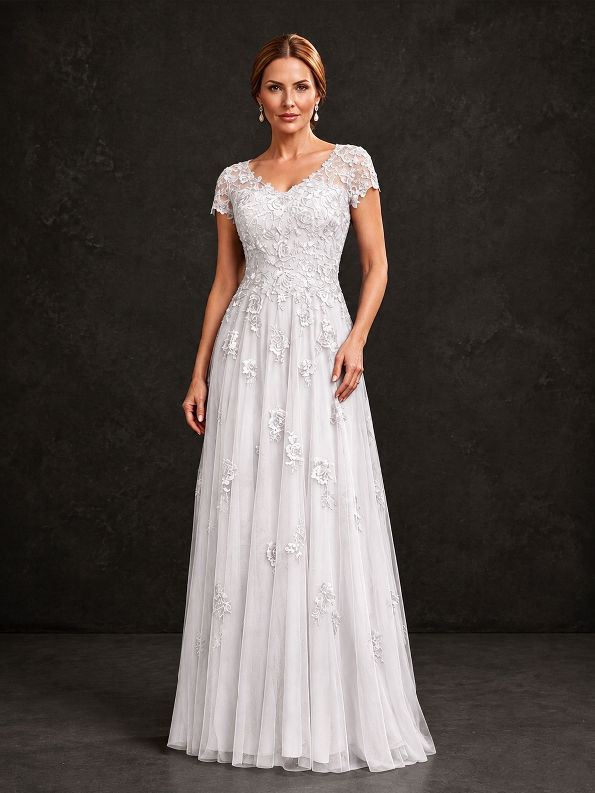 BOLODOO White Cap Sleeve Lace Appliqué A-Line Formal Gown | Mother of the Bride Dress - White - White_1