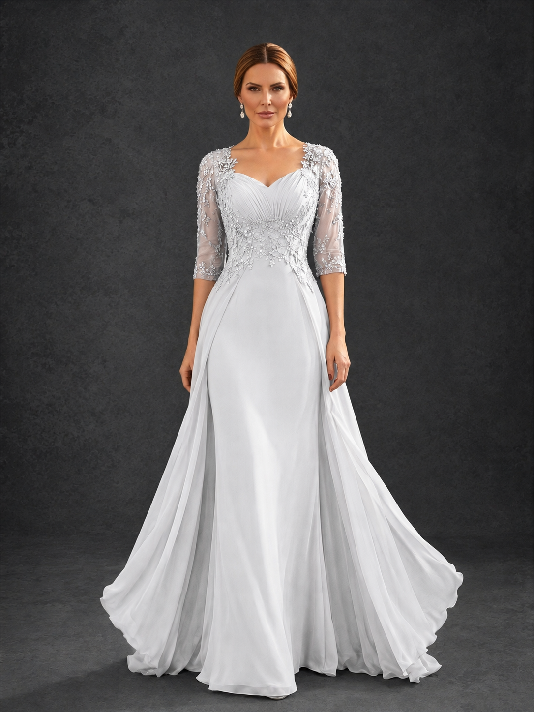 BOLODOO White Sweetheart Neck 3/4 Sleeve Floral Lace Illusion Bodice Chiffon A-Line Gown - White