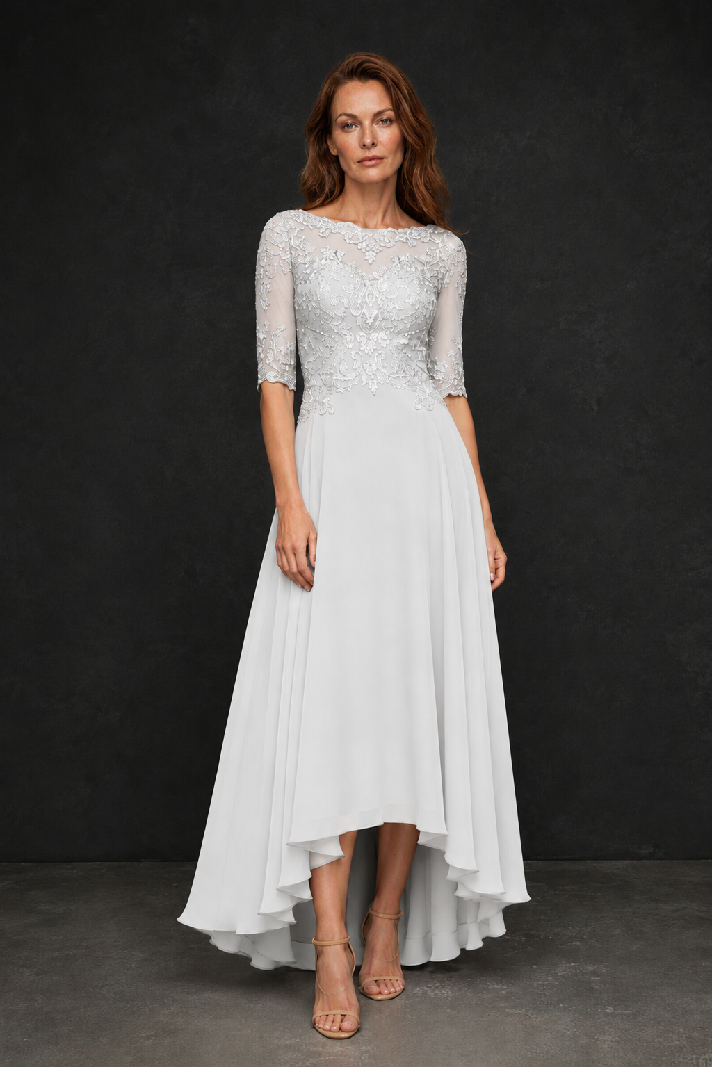 BOLODOO White Illusion Lace 3/4 Sleeve Hi-Lo Chiffon A-Line Dress | Mother of the Bride Tea Length Dress - White