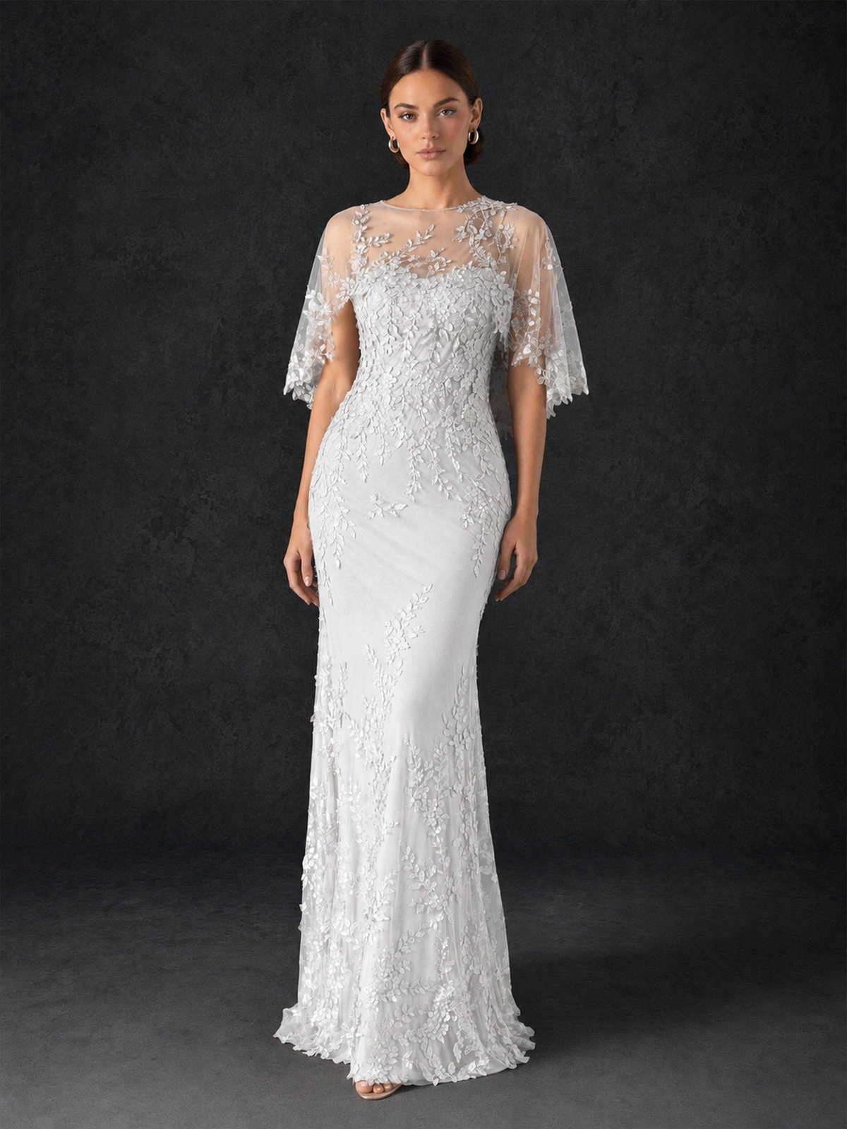 BOLODOO Mocha White Botanical Lace Flutter Sleeve Mermaid Gown - White