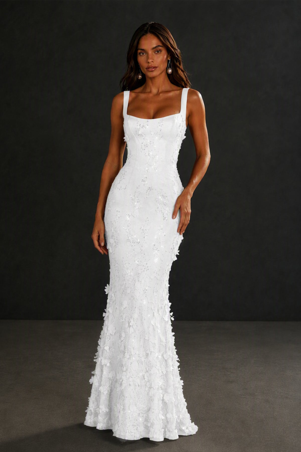 BOLODOO White Sequin 3D Floral Mermaid Maxi Gown – Lace-Up Back Formal Dress - White