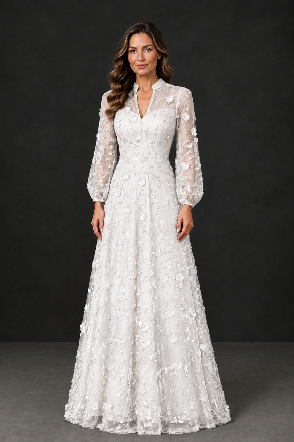 BOLODOO White Long Sleeve Floral Mother of the Bride Dress - White - White_1