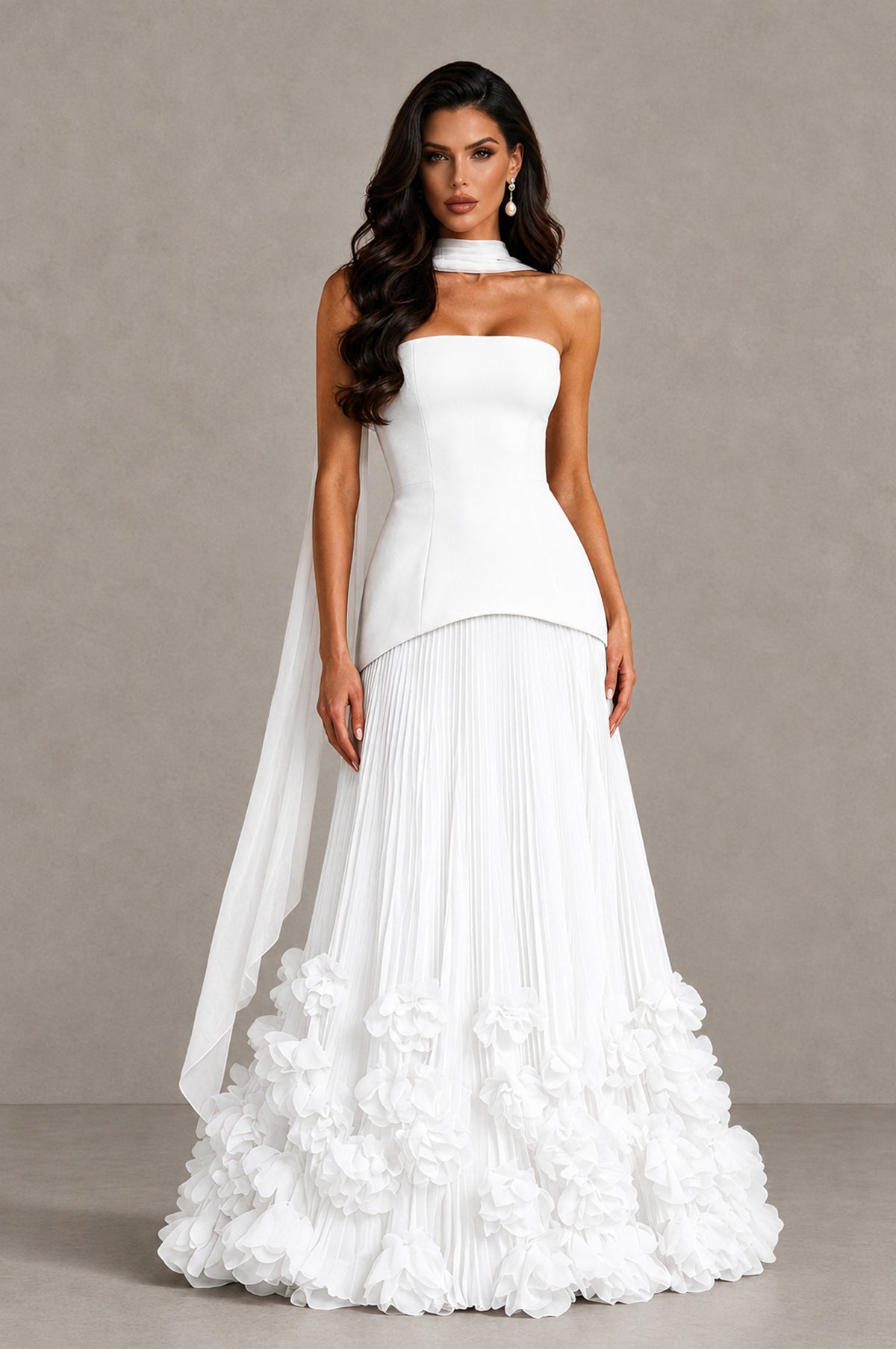 BOLODOO White Strapless Pleated Floral Hem Evening Gown - White - White_1