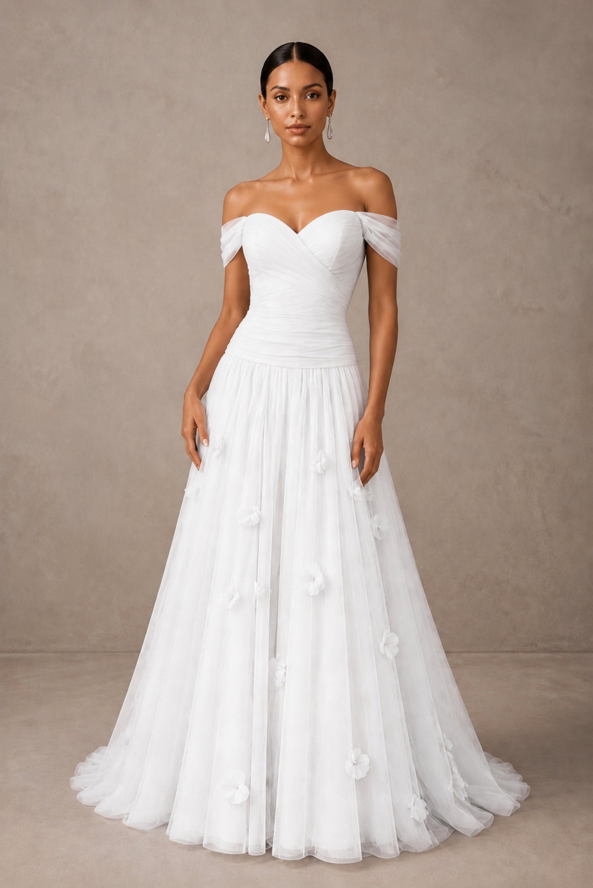 White Off-Shoulder Sweetheart A-Line Tulle Gown with 3D Floral Appliques | BOLODOO - White