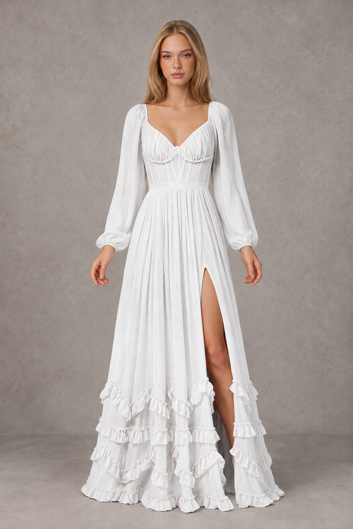 White Long-Sleeve Ruffle Maxi Dress with Lace-Up Back and Slit - White