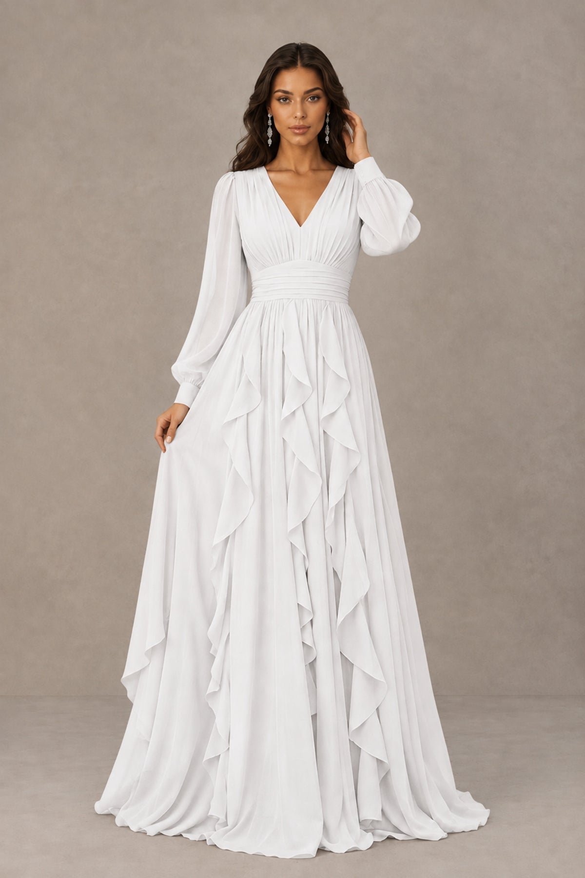 BOLODOO White Long Sleeve V-Neck Ruffle Maxi Dress - White
