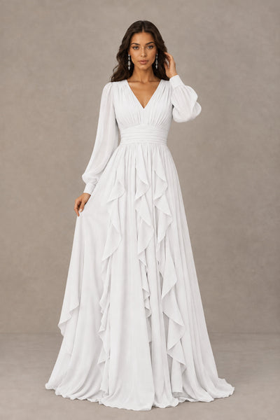 BOLODOO White Long Sleeve V-Neck Ruffle Maxi Dress - White