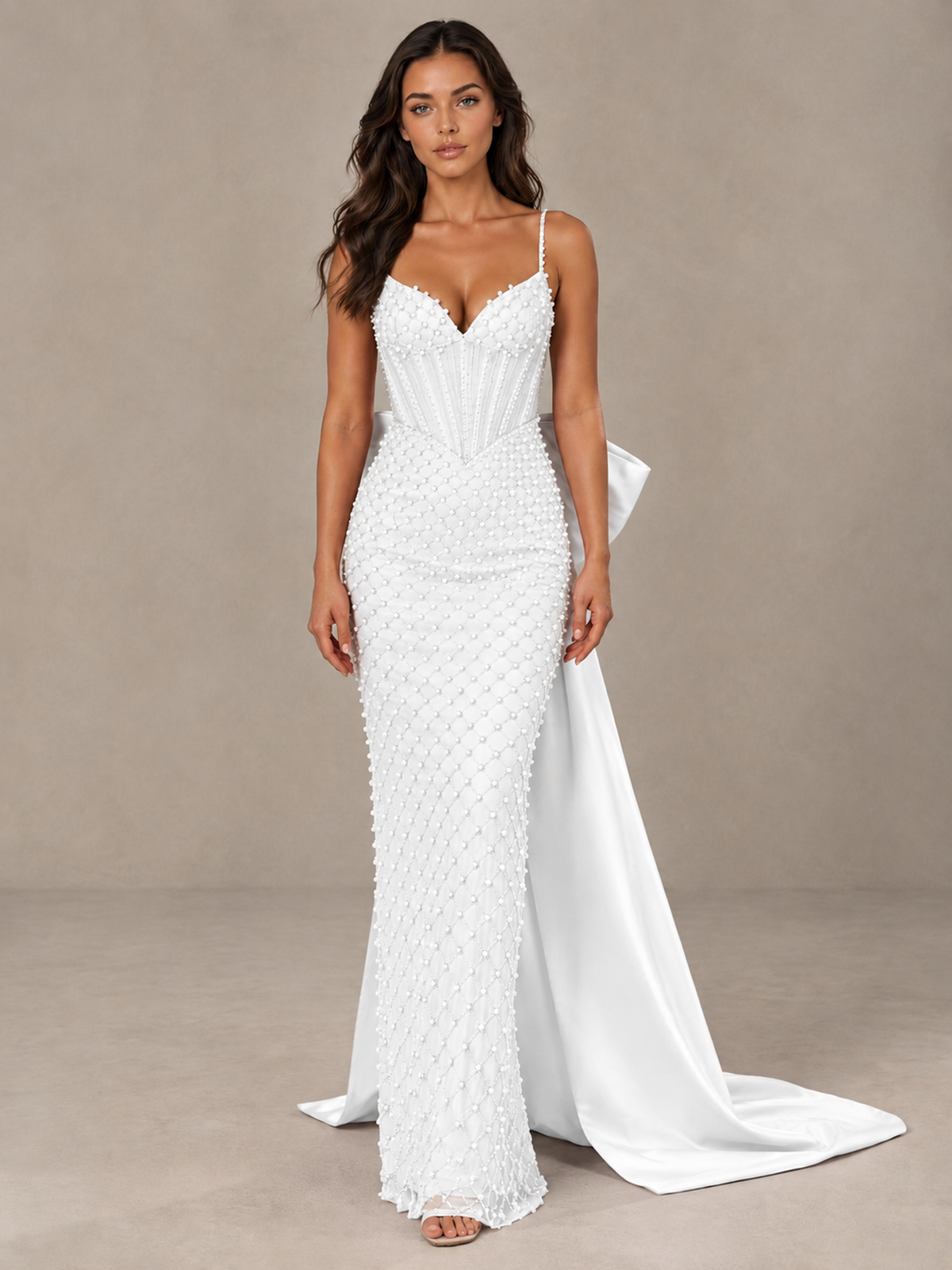 BOLODOO White Beaded Corset Prom Dress with Bow Train - White - White_1