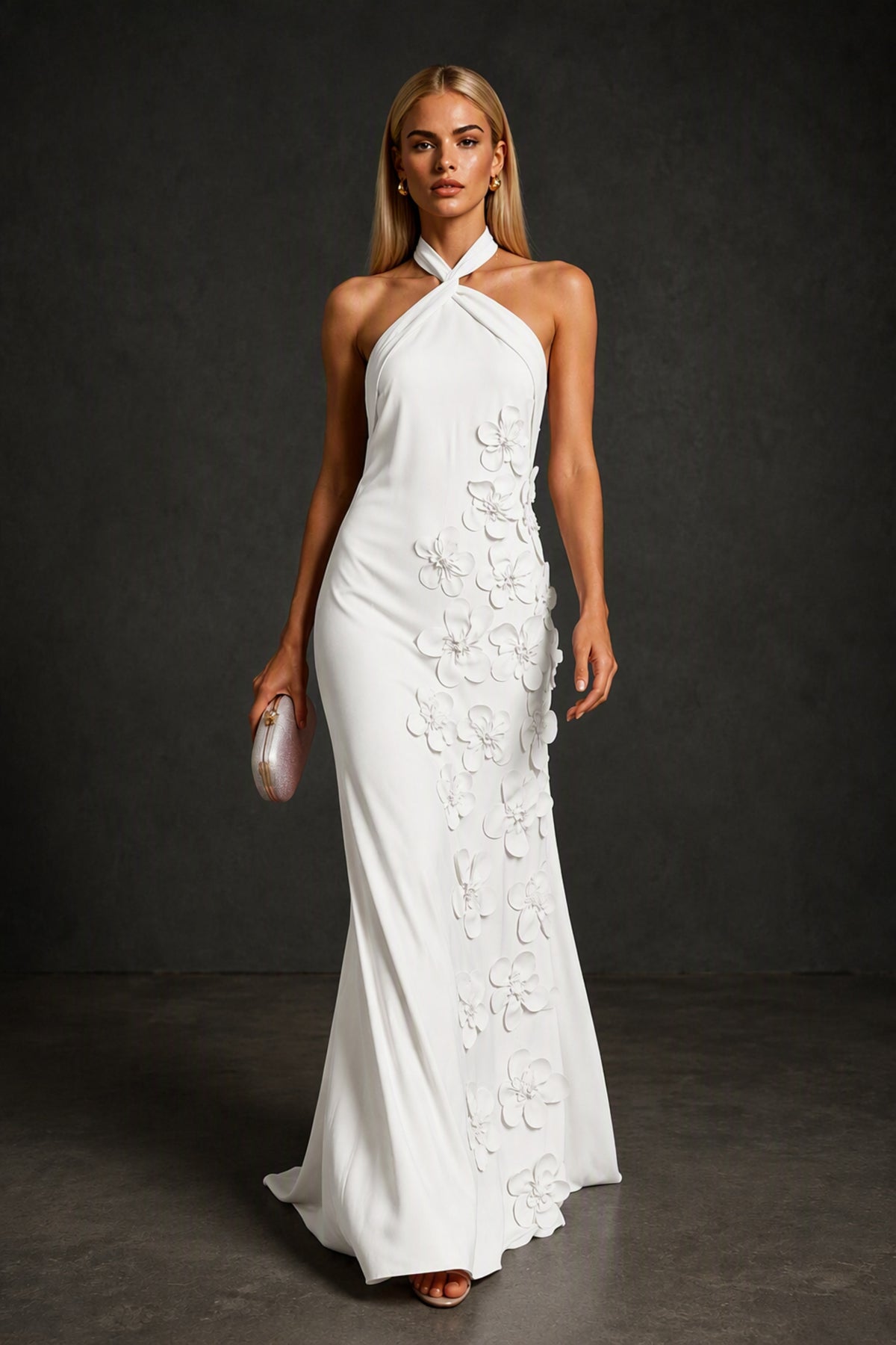 BOLODOO White Cross Halter Neck 3D Floral Appliqué Backless Mermaid Maxi Gown - White