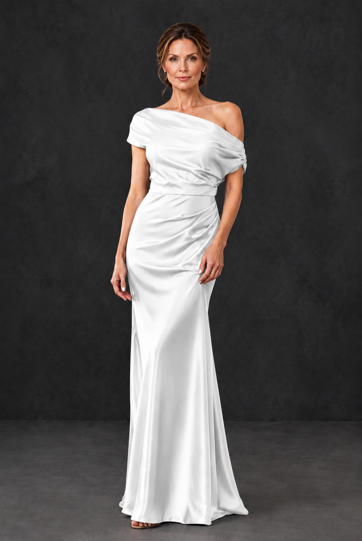 BOLODOO White Asymmetric Ruched Mother of the Bride Dress - White - White_1