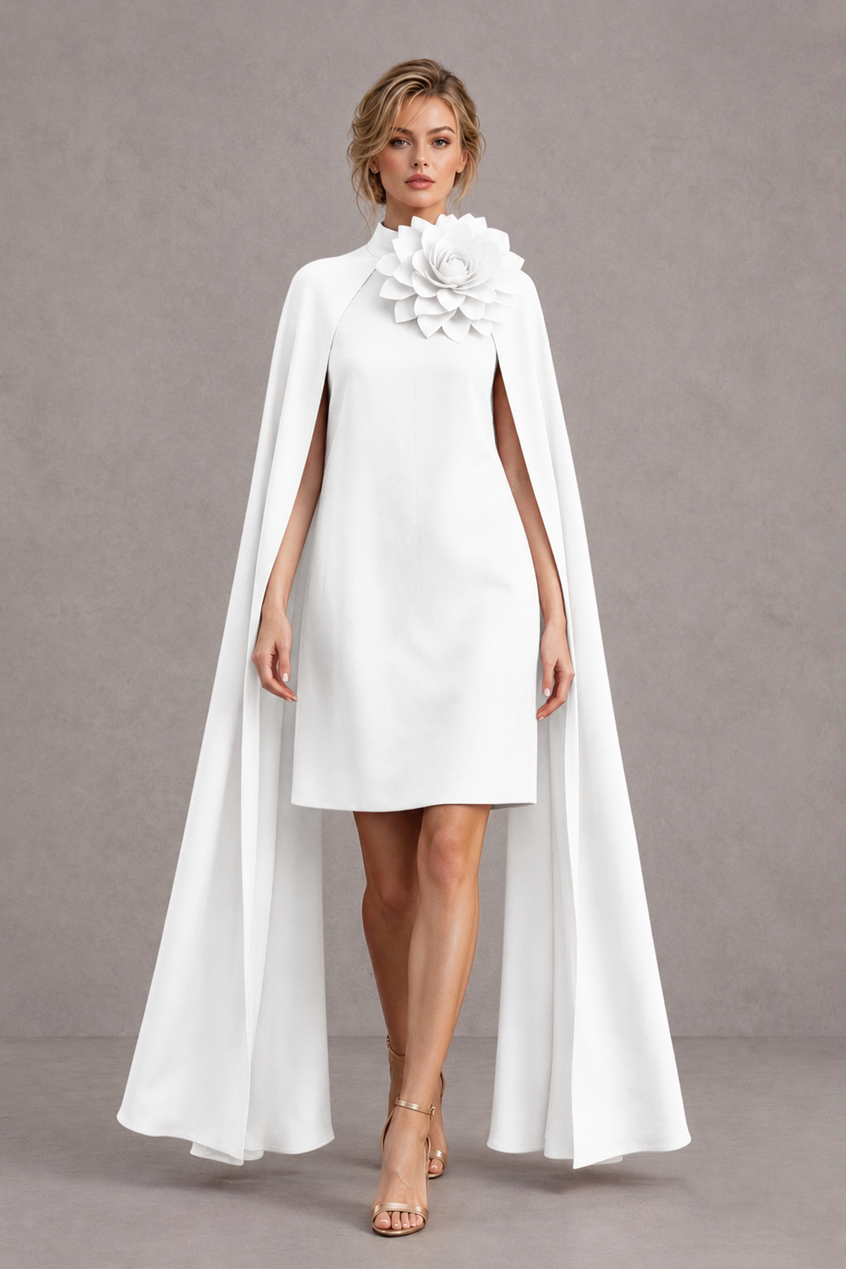 BOLODOO White High Neck Floral Cape Mini Cocktail Dress - White - White_1