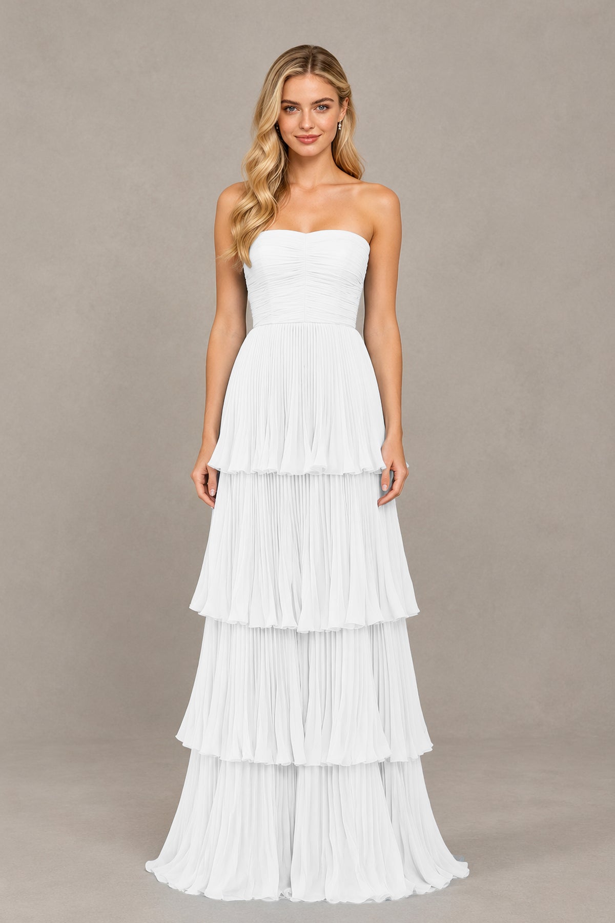 BOLODOO White Strapless Tiered Chiffon Maxi Dress - White