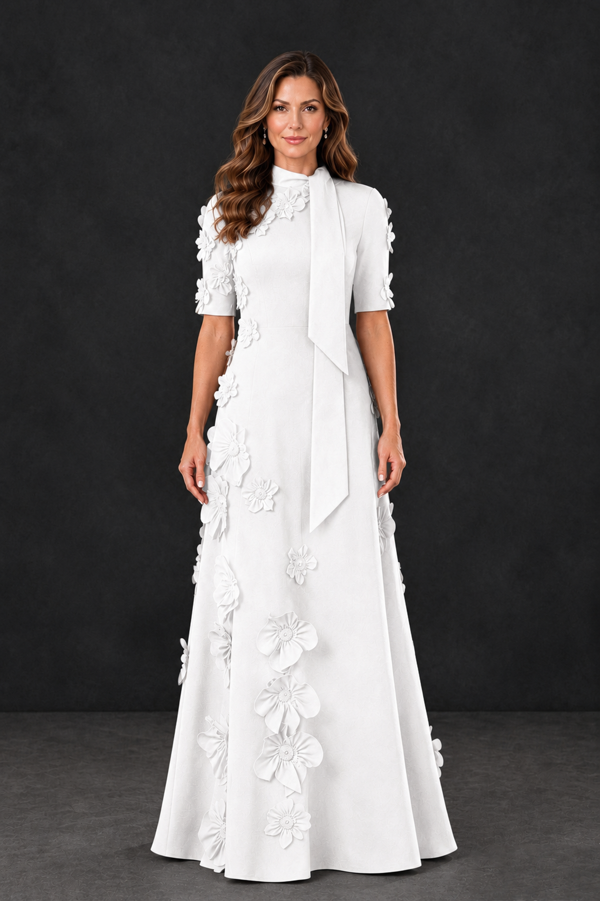BOLODOO White Floral Applique High-Neck Half-Sleeve Gown - White - White_1