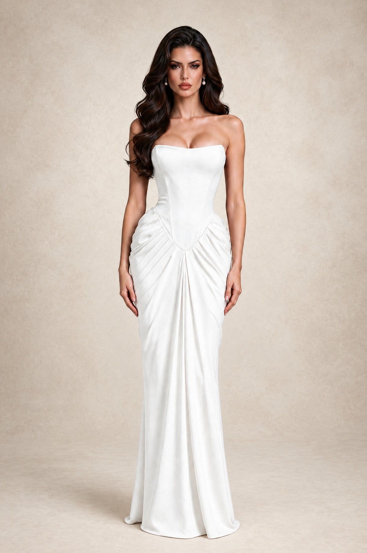 BOLODOO White Strapless Ruched Corset Evening Gown - White - White_1