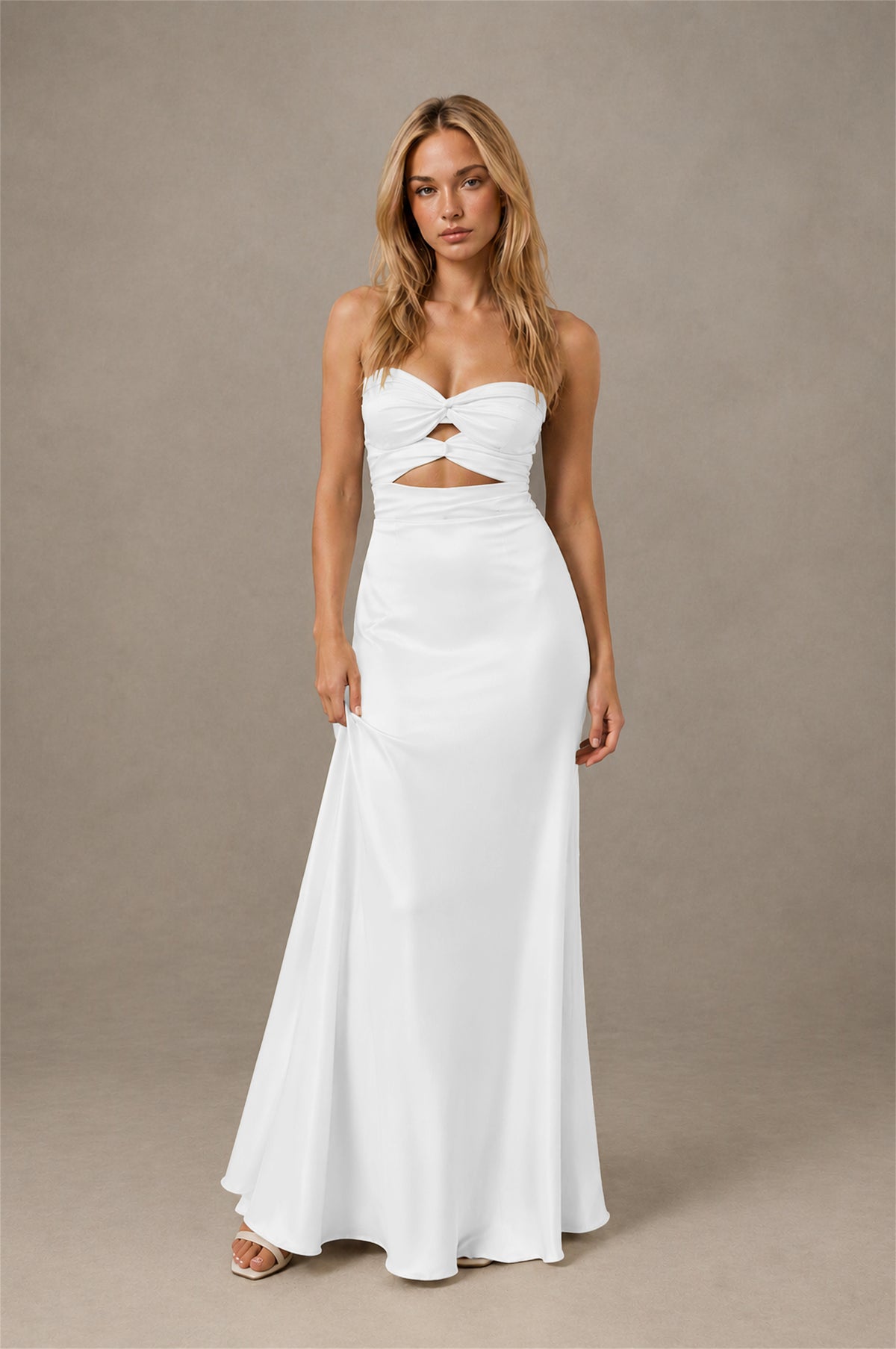 BOLODOO White Sweetheart Strapless Twist Knot Cutout Lace-Up Back Satin Mermaid Maxi Dress - White - White(1)