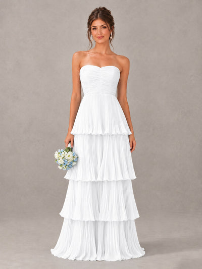 BOLODOO White Strapless Tiered Pleated Bridesmaid Dress - White - White_1