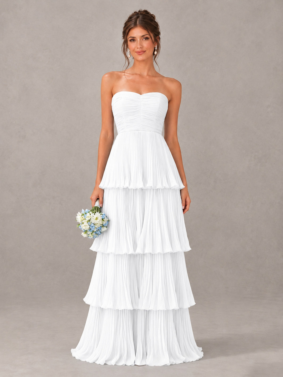 BOLODOO White Strapless Tiered Pleated Bridesmaid Dress - White - White_1