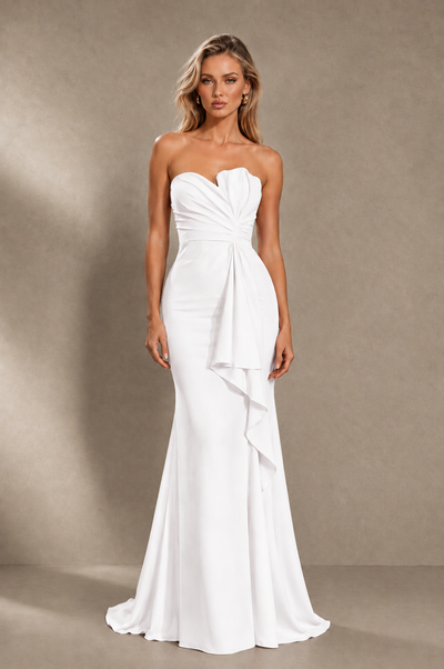 BOLODOO White Strapless Sweetheart Ruched Mermaid Gown | Cascade Drape Formal Evening Dress - White - White_1