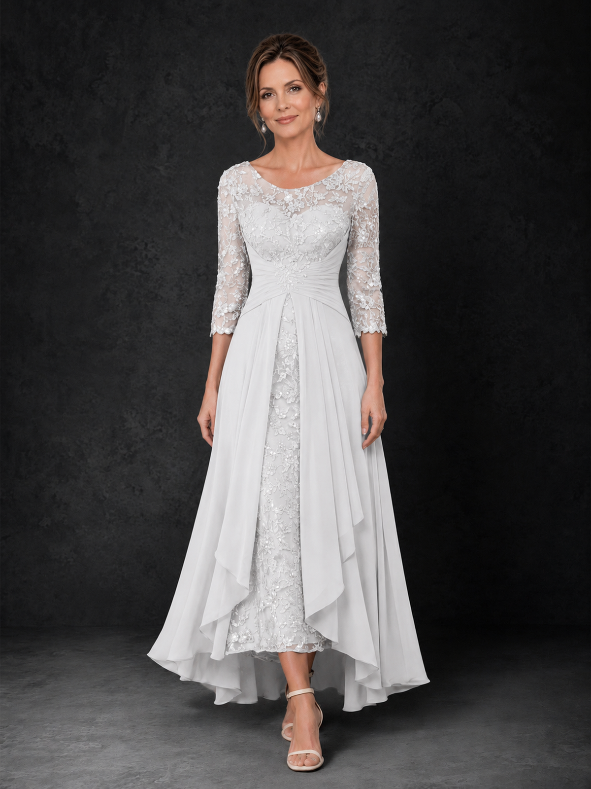 BOLODOO White Sequin Lace & Chiffon Tea-Length Mother of the Bride Dress with 3/4 Sleeves - White