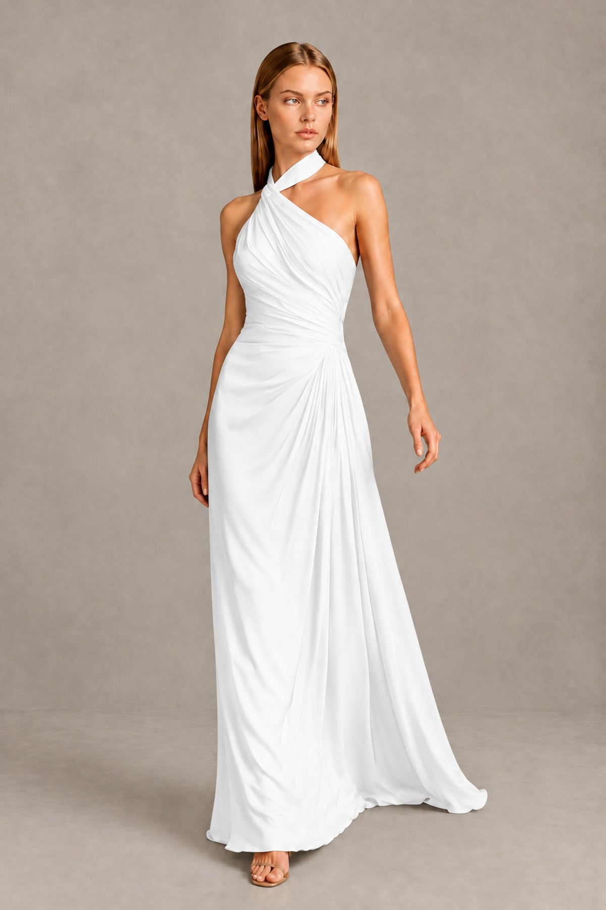 BOLODOO White Twisted Halter Neck Ruched Sleeveless Open Back Floor-Length Gown - White - White_1