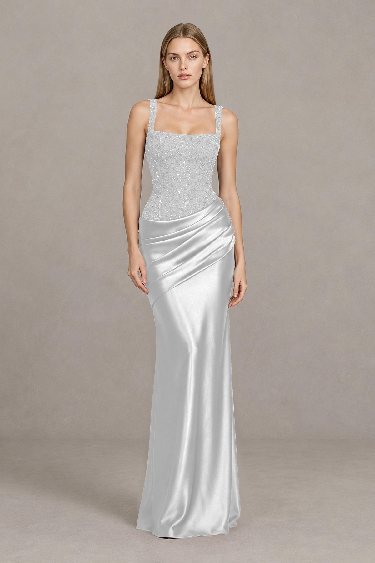 BOLODOO White Square Neck Embellished Satin Evening Gown - White