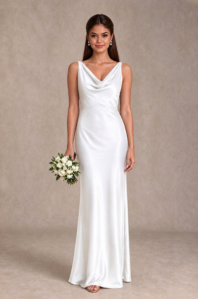 BOLODOO White Cowl Neck Open Back Satin Bridesmaid Dress - White - White_1