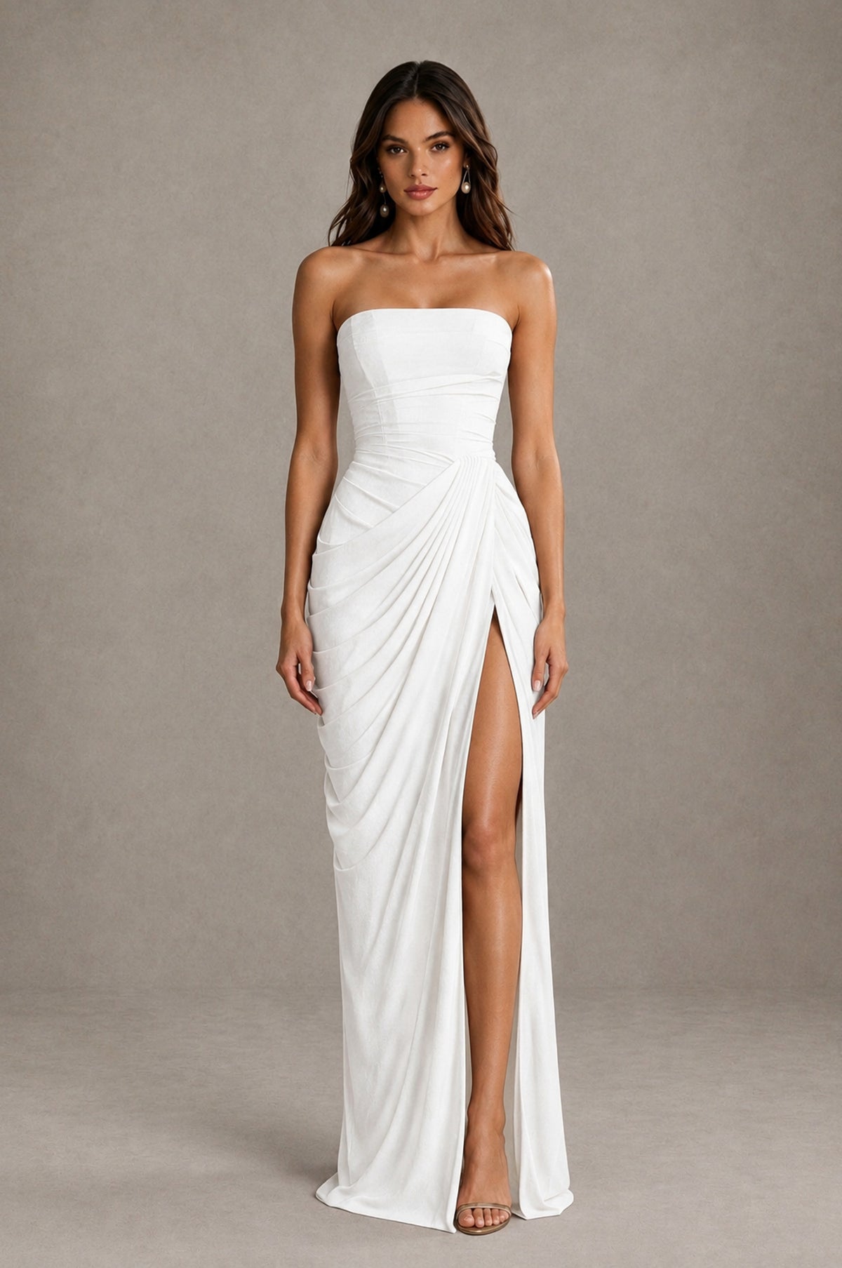 BOLODOO Strapless Draped Maxi Dress - White Backless Evening Gown with High Slit - White - White_1